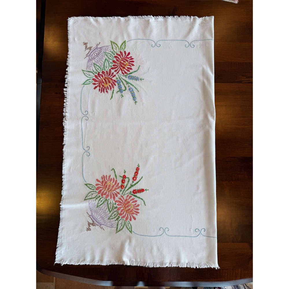 Vintage Embroidered Tablecloth Floral Baskets Fringed 42x50 Cottagecore Folk Art
